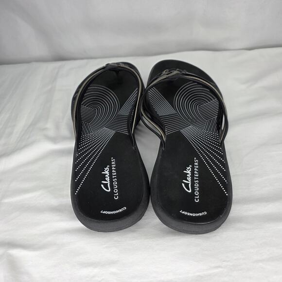 Clarks Cloudstepper Black & Pewter Slip On Strappy Braided Women's Summer Sandal - Picture 4 of 11